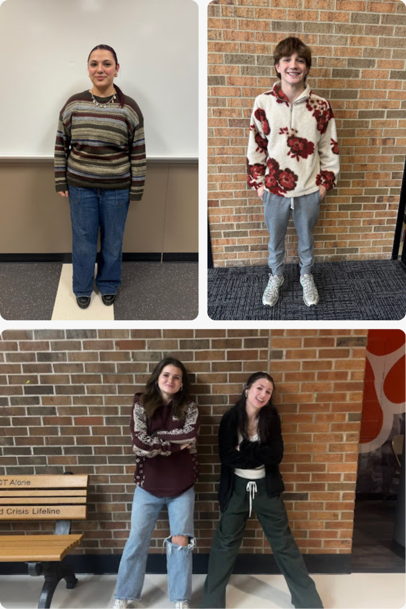 Junior Leona Williams poses in a sweater and jeans (top left). Junior Noah Due poses in a quarter-zip sweater and sweatpants (top right). Junior Aoife Hall and senior Presley Hill pose together in fall outfits designed for comfort.